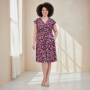 Jessica Howard Dress Draped V-Neck Dress in Maroon and Pink Floral Size 24W